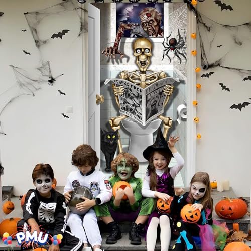 PMU 3-Piece Halloween Bathroom Door Cover Set - Skeleton and Spooky Decor