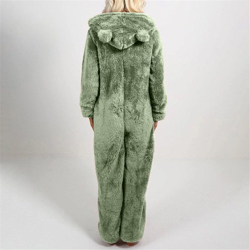 Women's Fleece Pajama Jumpsuit with Ear Hood - Army Green XXL