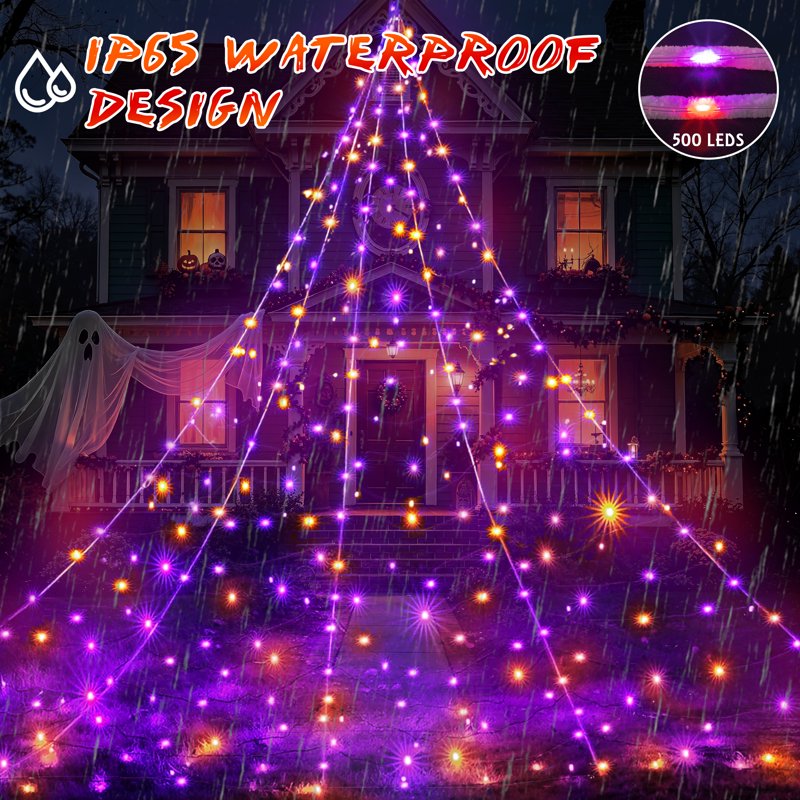 Outdoor Halloween Spider Web Lights - 16.4ft 500 LED String with Multicolor Purple Orange Glow