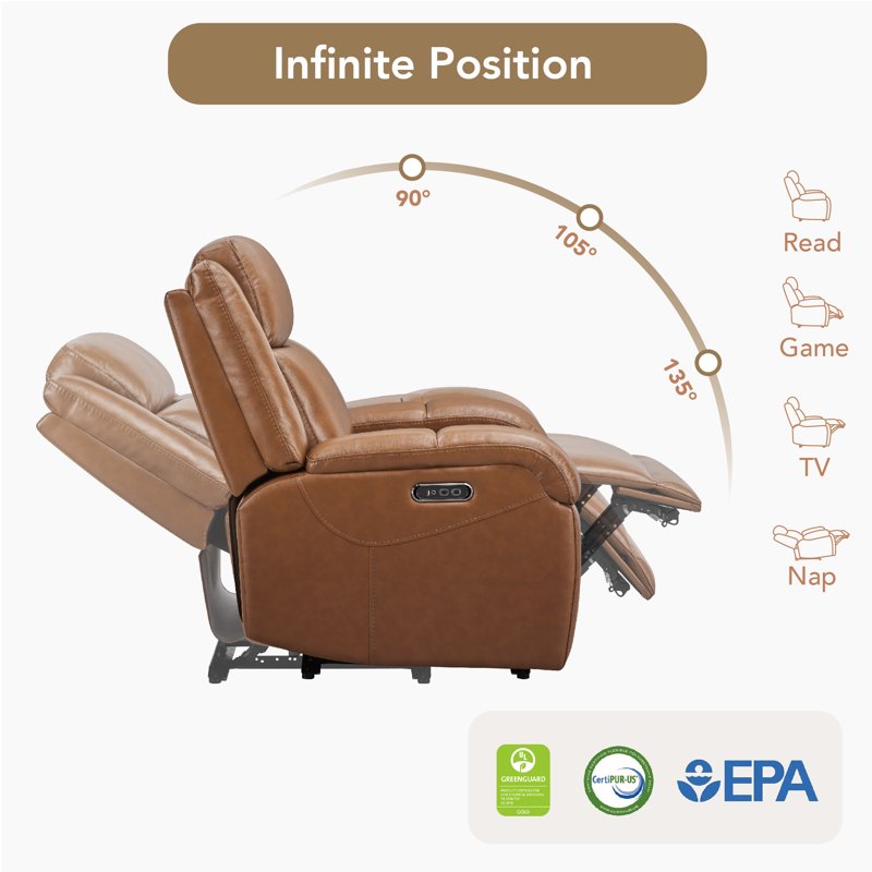 Genuine Leather Wall Hugger Power Recliner with Dual Motors