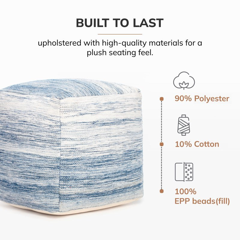 20-Inch Blue and Ivory Pouf Ottoman - Handcrafted Floor Seat & Accent
