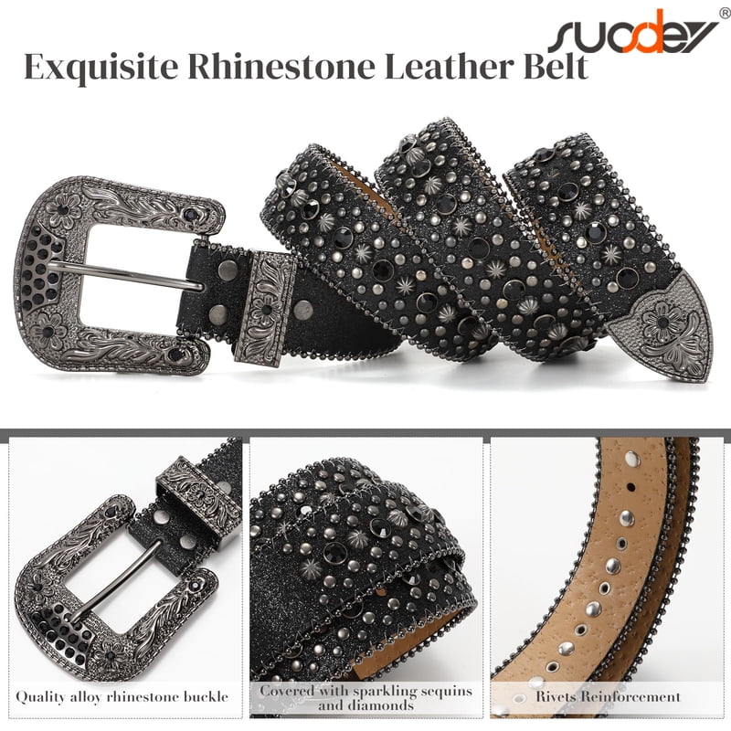 Sparkly Rhinestone Belt for Women and Men Western Cowboy Cowgirl Bling Leather Belt with Detachable Buckle - Black, Fits Waist 27-33 inches