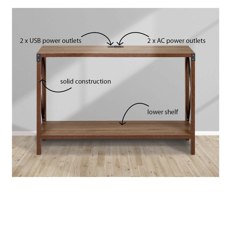 Industrial Rectangular Wood Console Table with USB Charging Ports - Walnut