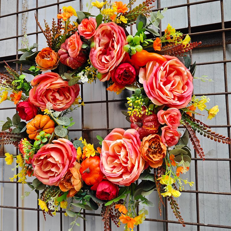 Autumn Pumpkin & Peony Wreath for Front Door - Fall Harvest Decor 15.74"