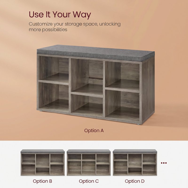 Greige Shoe Storage Bench with Padded Seat & Adjustable Shelves