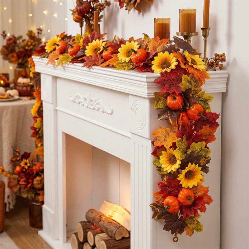 Halloween Fall Maple Leaf Garland with Sunflower for Thanksgiving Decor - Halloween Decor P-C