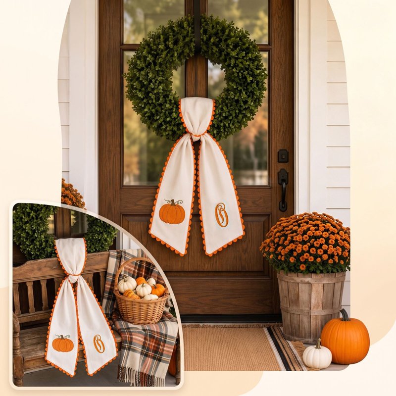 Pumpkin Embroidered Wreath Sash - Fall Front Door Decor, Orange Scalloped Ribbon - Variation O