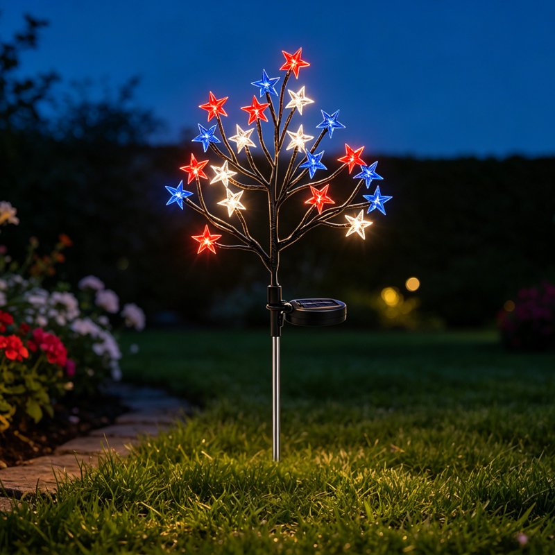 Patriotic Solar Garden Lights - 2 Pack 4th of July Red White Blue Star Outdoor Decor G
