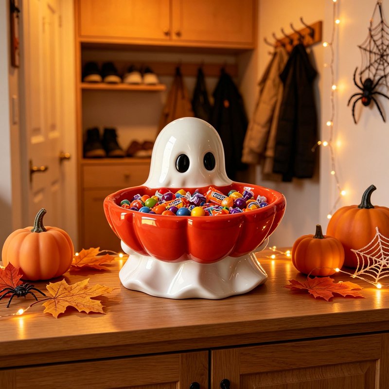 Halloween Ghost Pumpkin Candy Bowl - Cute Ceramic Ghost Figurine with Snack Dish - Variation #023