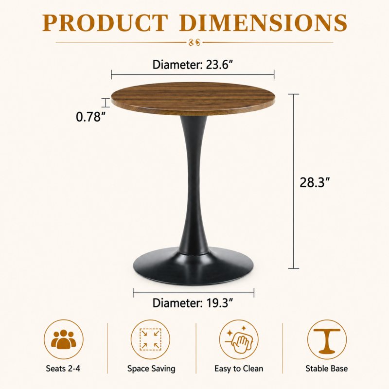 23.6” Round Dining Table - Small Pedestal Tulip Style - Dark Walnut