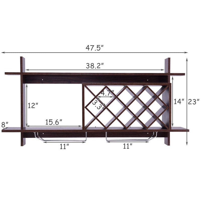 Wall Mount Wine Rack with Glass Holder & Storage Shelf - Black Walnut