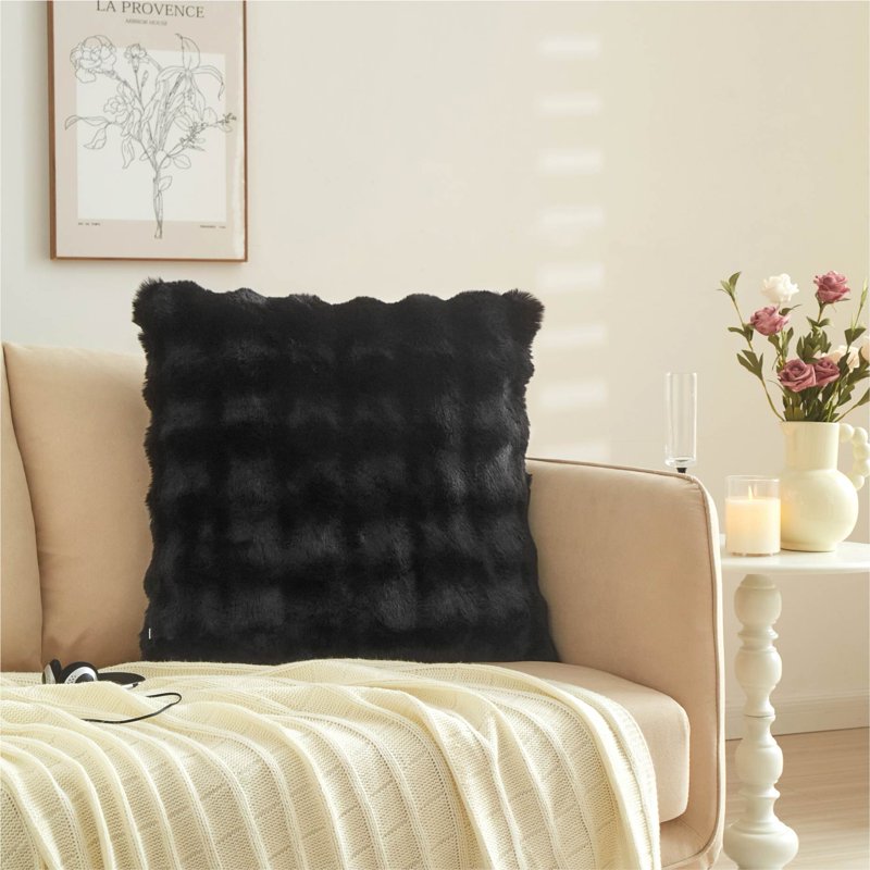 Faux Fur Decorative Throw Pillow 22x22 in - Black Bubble Texture, Plush
