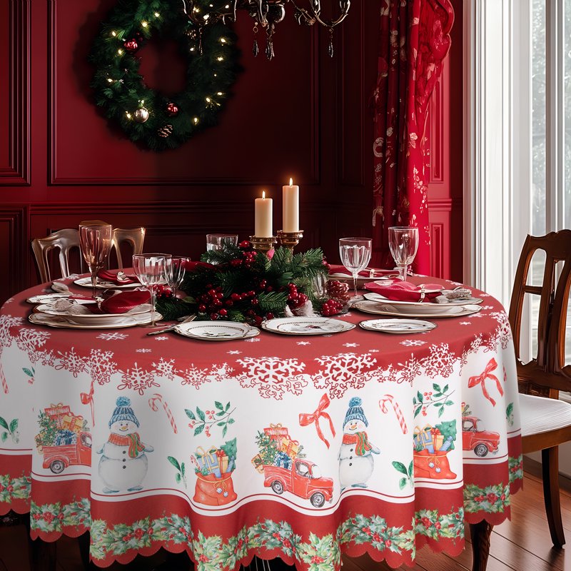 Christmas Tablecloth - 60 Inch Round Red, Machine Washable Polyester