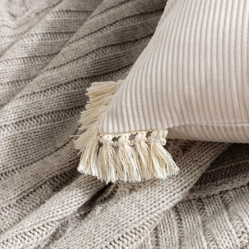 12x20 Inch Off White Corduroy Velvet Throw Pillow Set with Cotton Tassels