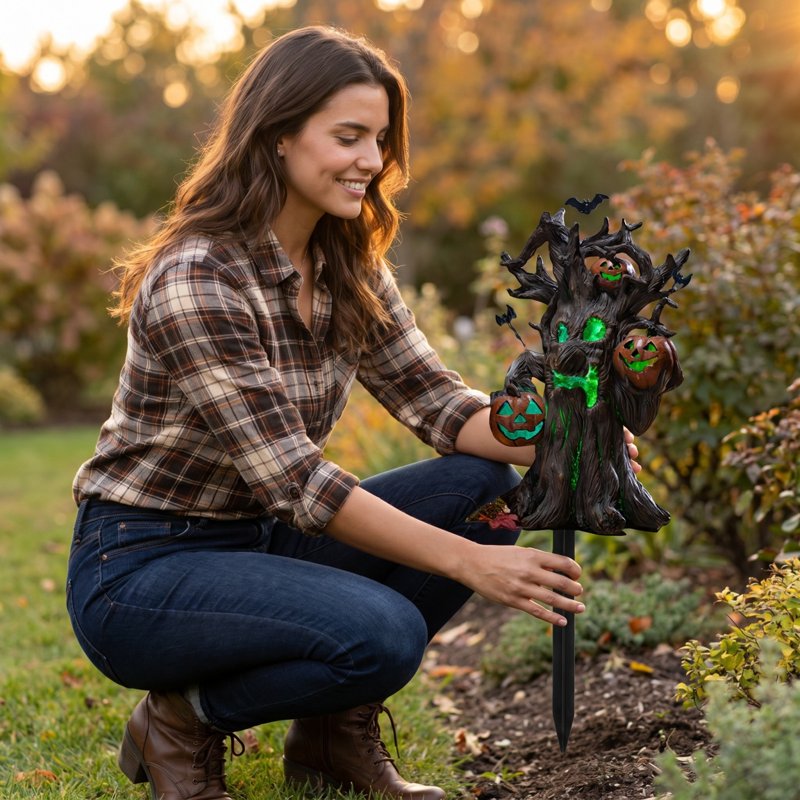Halloween Spooky Tree Yard Stake with Light-Up Pumpkin and Bats - Variation 1#O