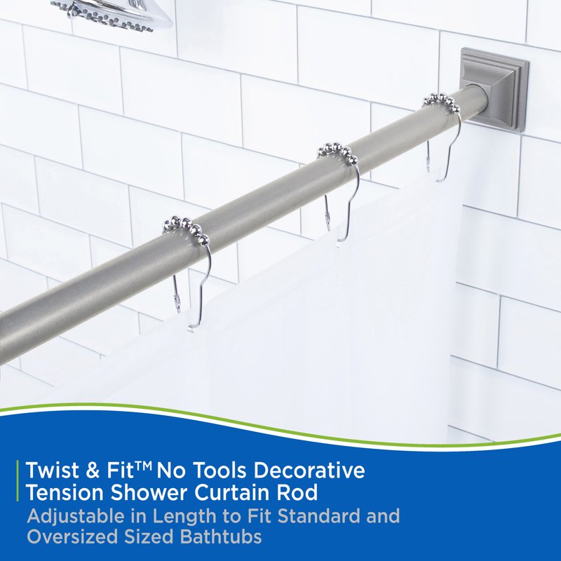 Kenney Twist & Fit No Tools Decorative Shower Curtain Tension Rod - Pewter, Rust-Resistant Steel, 42-72"