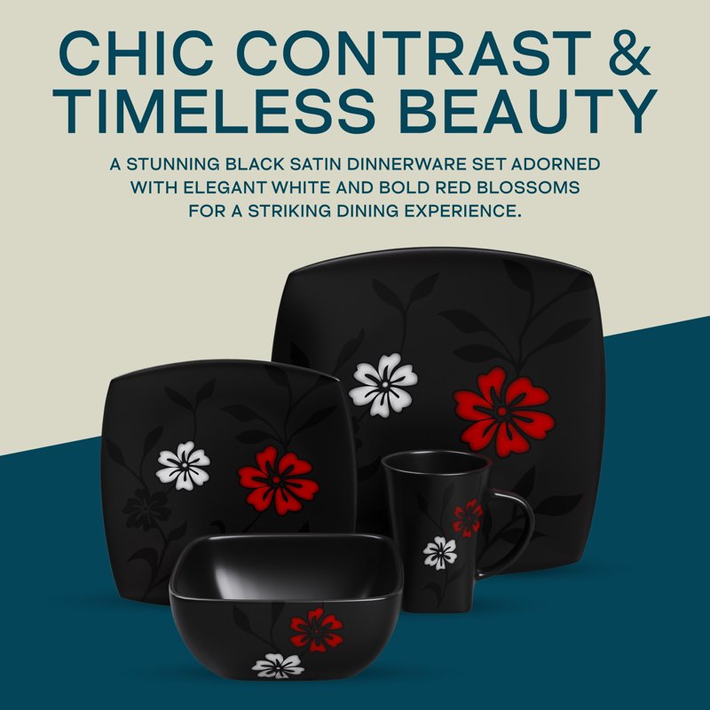 16-Piece Black Satin Evening Blossom Dinnerware Set