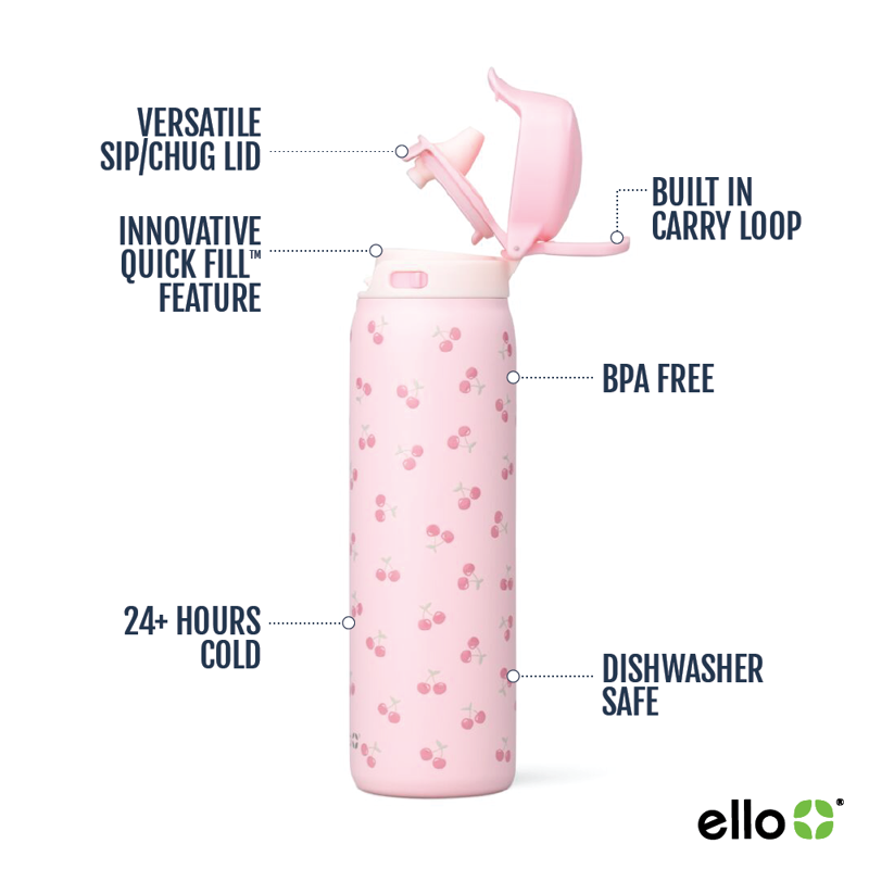 Insulated Stainless Steel Water Bottle with Straw Lid - Cherries