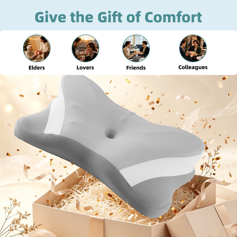 Queen Size Ergonomic Cervical Pillow for Pain Relief – Contour Orthopedic Bed Pillow for Back and Stomach Sleepers, Gray-White