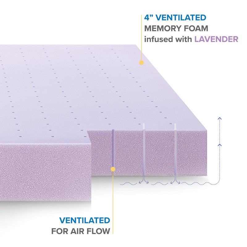 Memory Foam Mattress Topper Twin 4-Inch Ventilated Lavender Infused