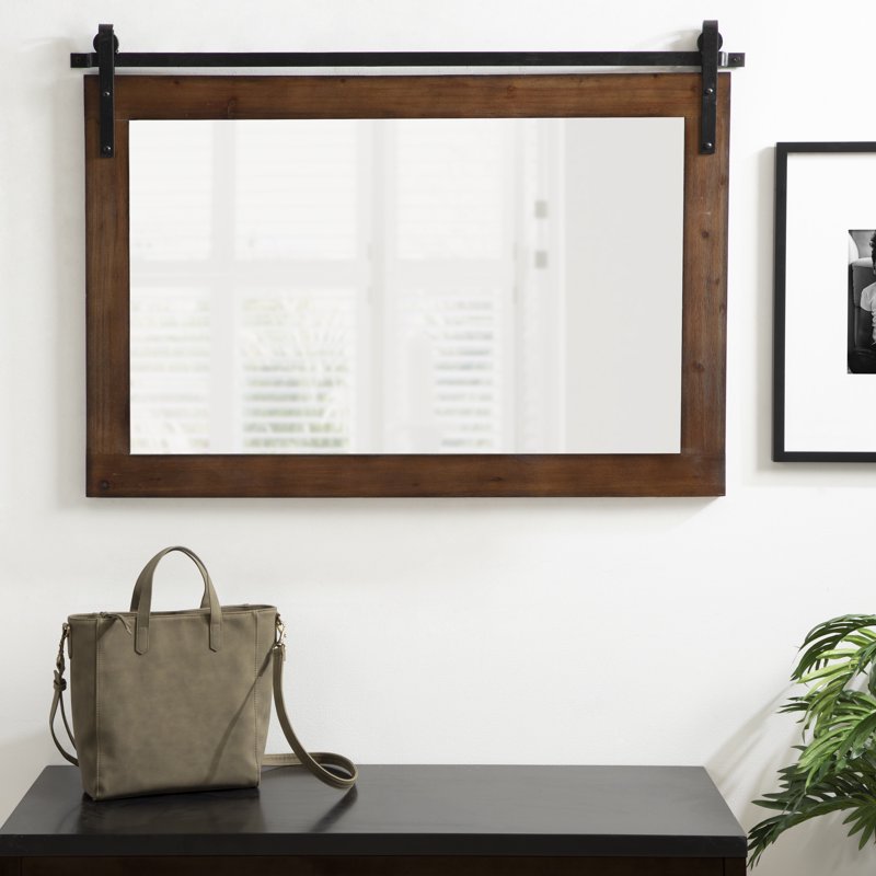 Farmhouse Wall Mirror with Barn Door Design - Walnut Brown, 38 x 27