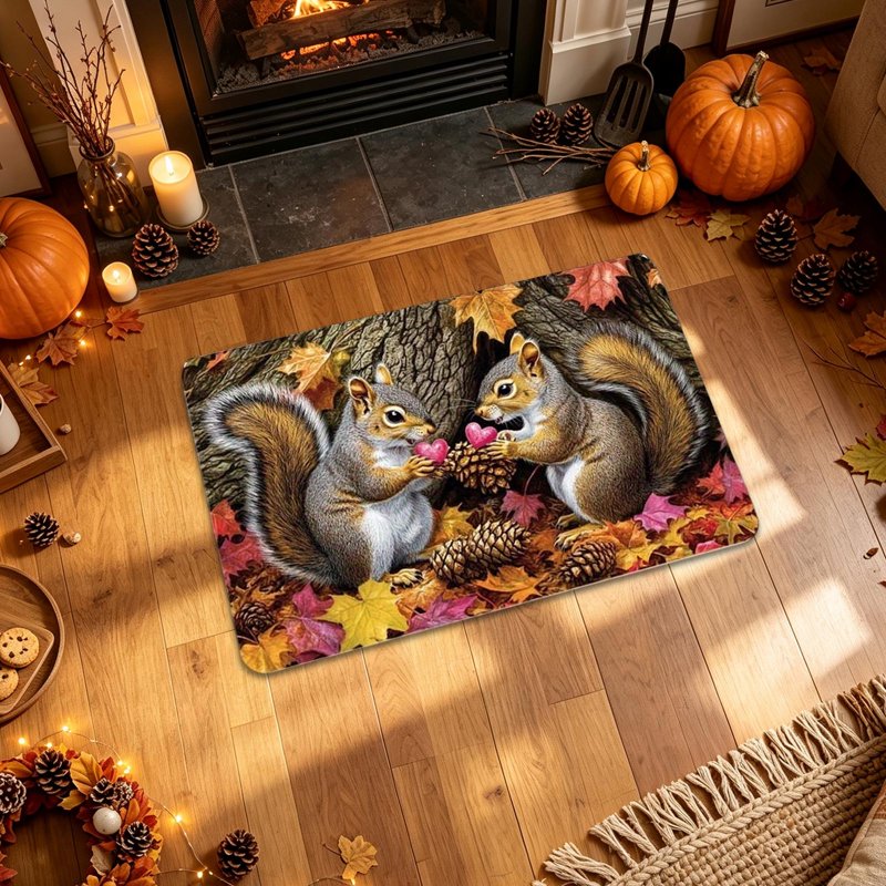 Thanksgiving Squirrel Doormat with Pinecorn - Autumn Fall Front Door Mat - C-h