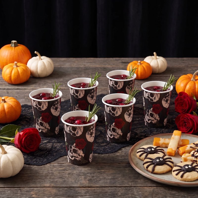 Halloween Skulls and Roses Disposable Paper Cups - 9 oz, Multicolor, 8 Pack