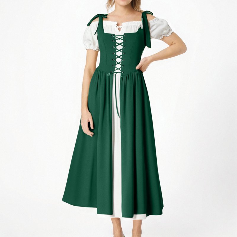 Women's Renaissance Costume Dress Vintage Medieval Gown - Green XL - AA Green