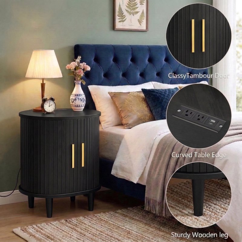 Nightstand with Charging Station - Fluted Accent Table, Black