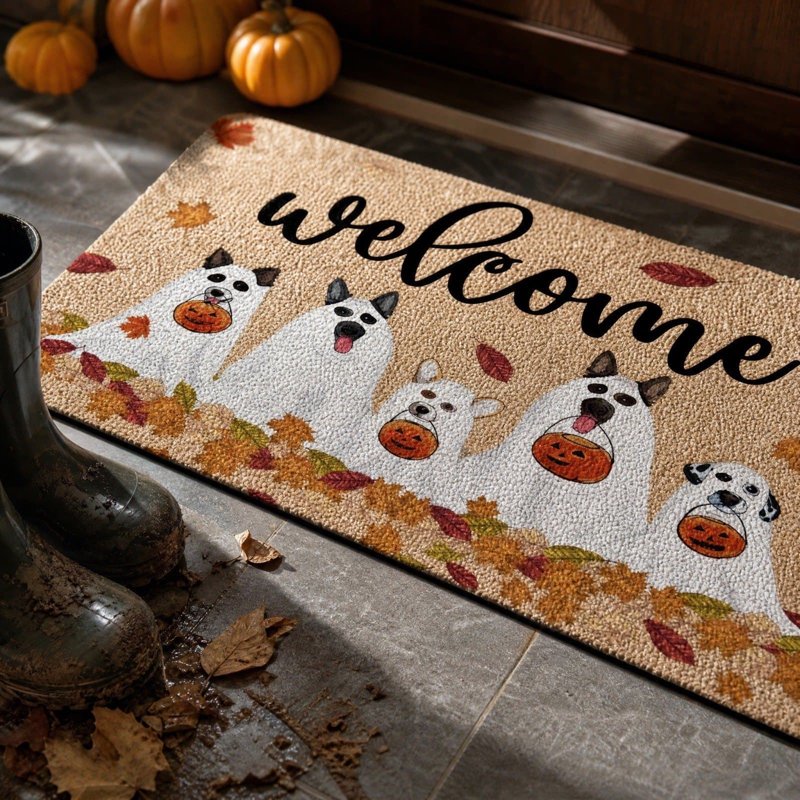 Halloween Ghost Dog Pumpkin Maple Leaf Welcome Doormat - Fall Entry Rug with Cute Dogs