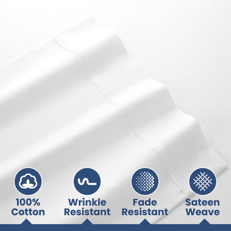 Full Size Cotton Sateen Bed Sheet Set - 4 Piece, White, 400TC, Lightweight & Wrinkle-Resistant