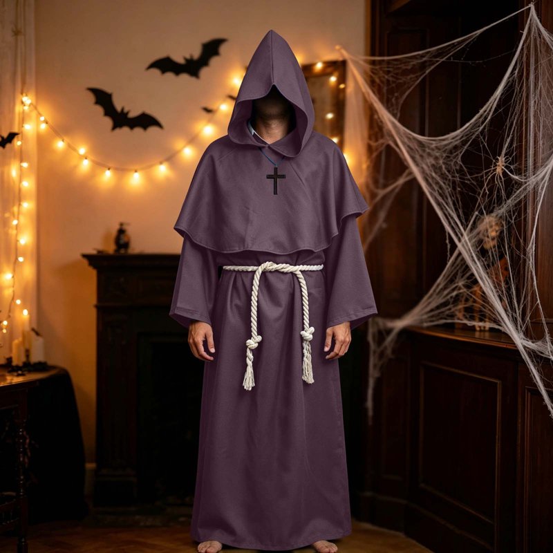 Medieval Hooded Monk Robe Costume Friar Priest Cloak for Halloween - Coffee, Large