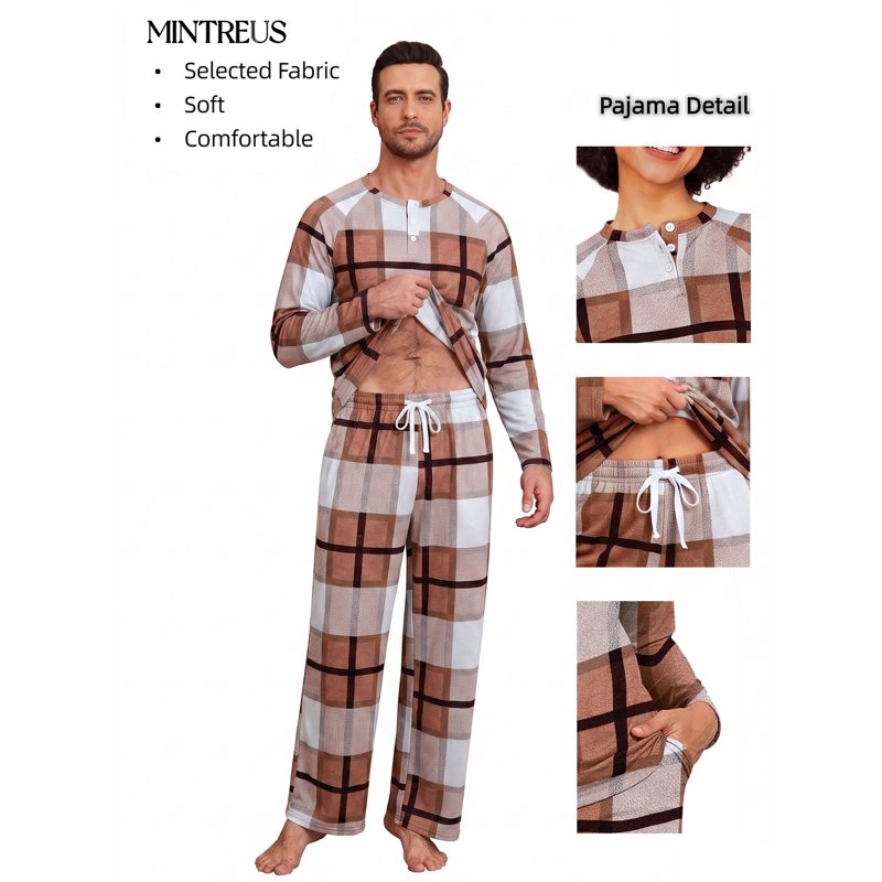 Men's Brown White Plaid Couple Pajama Sets - Soft Sleepwear with Pockets