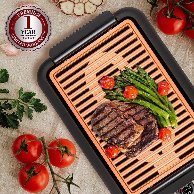Electric Indoor Grill, 15x10 Inch Non-Stick Countertop Cooker - Copper