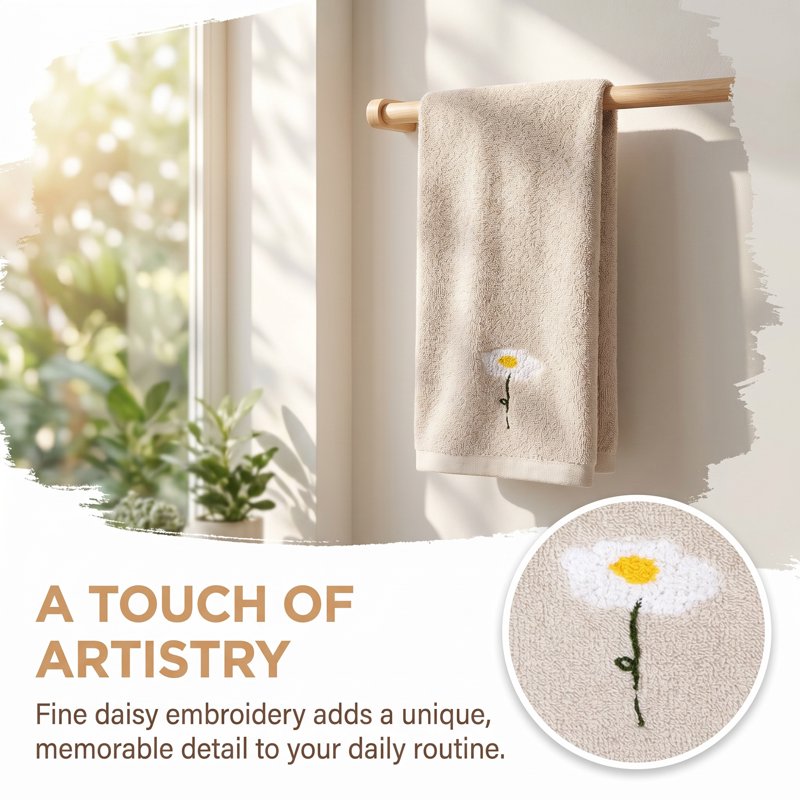 Cotton Hand Towels Set - Floral Embroidered, Soft Absorbent, 13x30 Inch, Light Brown, 2-Pack