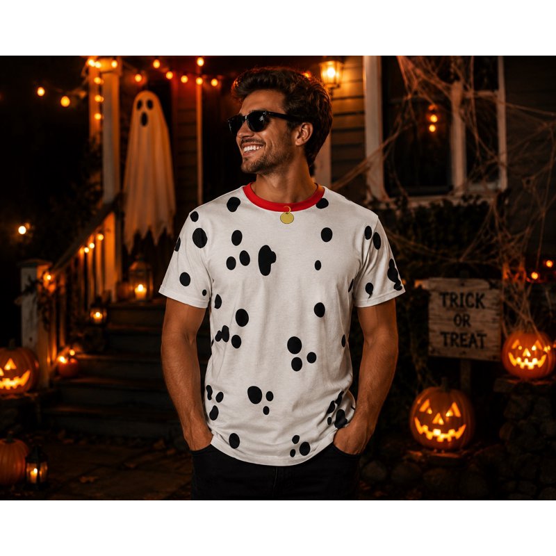 Multicoloured Dalmatian Costume T-Shirt for Men - Red Collar, All Over Print, Size M