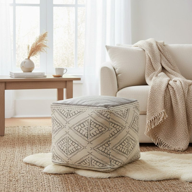 Lr Home Medium Tribal Square Pouf - Gray, 20x20x20 Inches