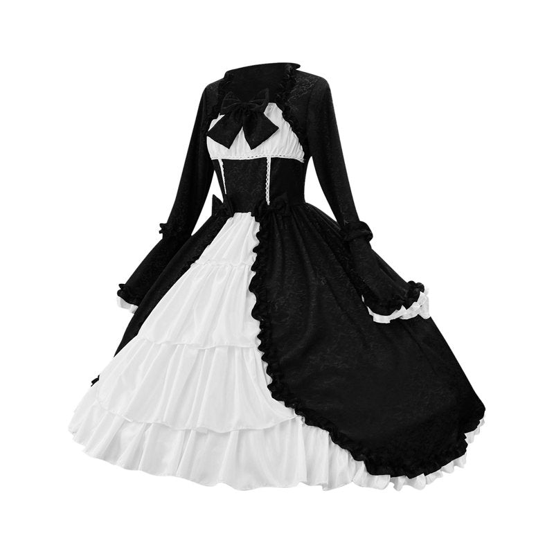 Black XXXL Renaissance Dress Women Vintage Gothic Court Collar Patchwork Bow Dress - LYXSSBYX