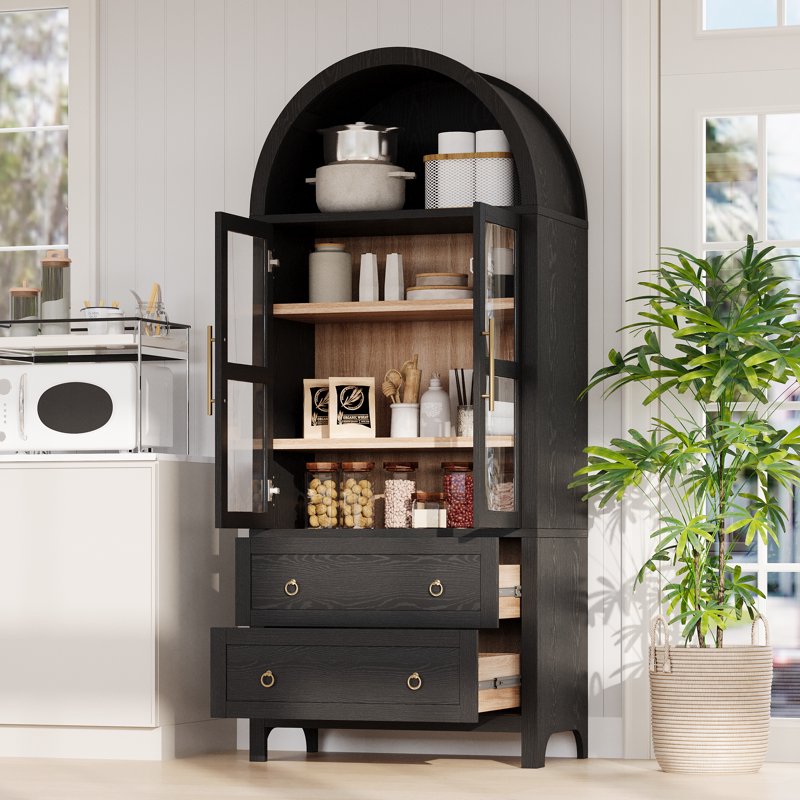 Arched Storage Cabinet with Glass Doors - Black, Adjustable Shelves & Drawers
