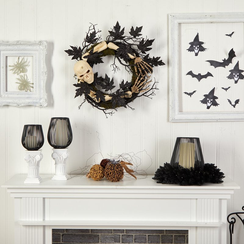 Halloween Skull and Bones Wreath - 24 Inch Artificial Decor for Door or Wall