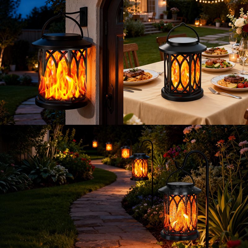 Outdoor Solar Lanterns 2-Pack Waterproof Flickering Flame Decorative Lights