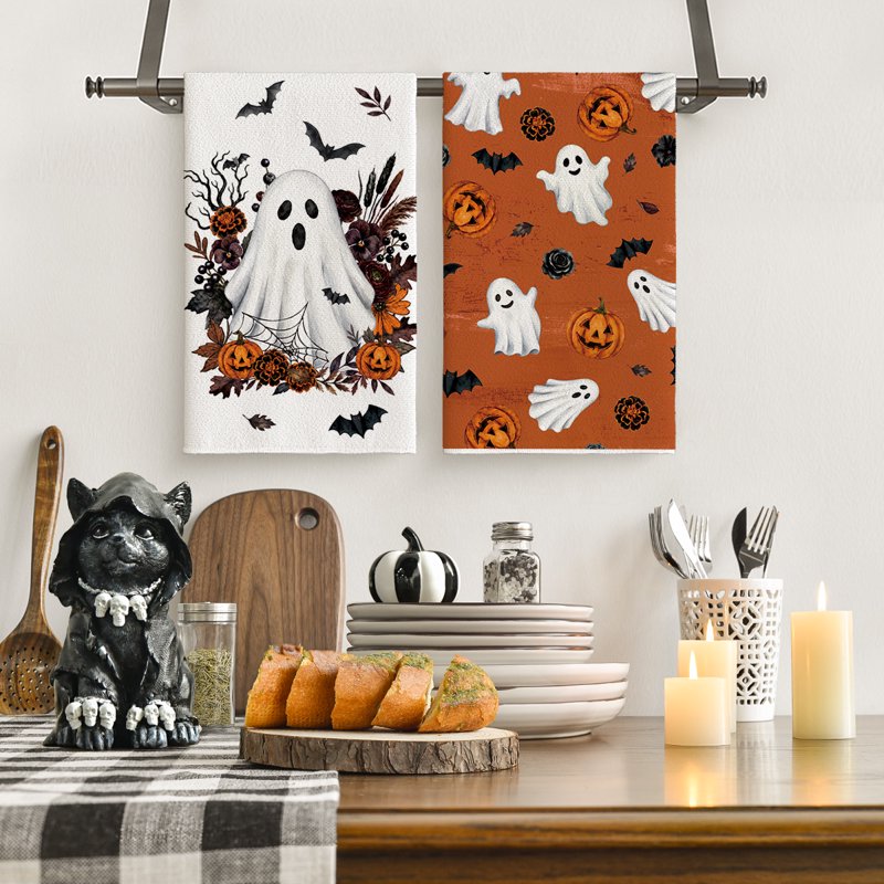 Halloween Dish Towels Set of 4 - Orange Pumpkin Ghost Bat Seasonal Kitchen Hand Towels 18x26 D