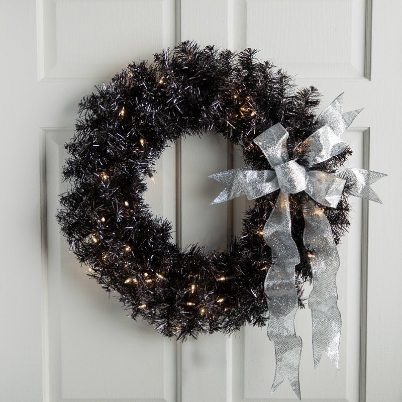 24-Inch Black Pre-Lit Halloween Tinsel Wreath with Clear Lights - Indoor Outdoor Decor