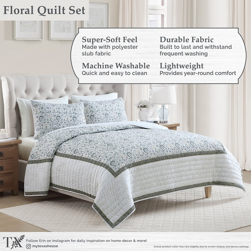 King Quilt Set with Jacobean Floral & Border - Sage, All-Season, 3-Piece