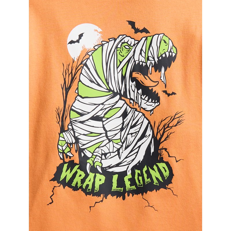Halloween Boys Graphic T-Shirt with Short Sleeves - Orange Yam Dino Variation