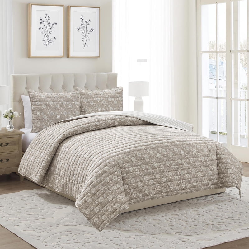 Full/Queen Floral Quilt Set with Pickstitch Stripes - Taupe 3-Piece Bedding