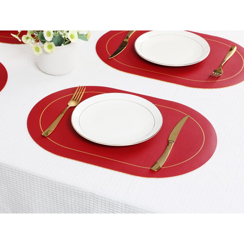 Faux Leather Placemats Set of 6 - Black & Red, Washable