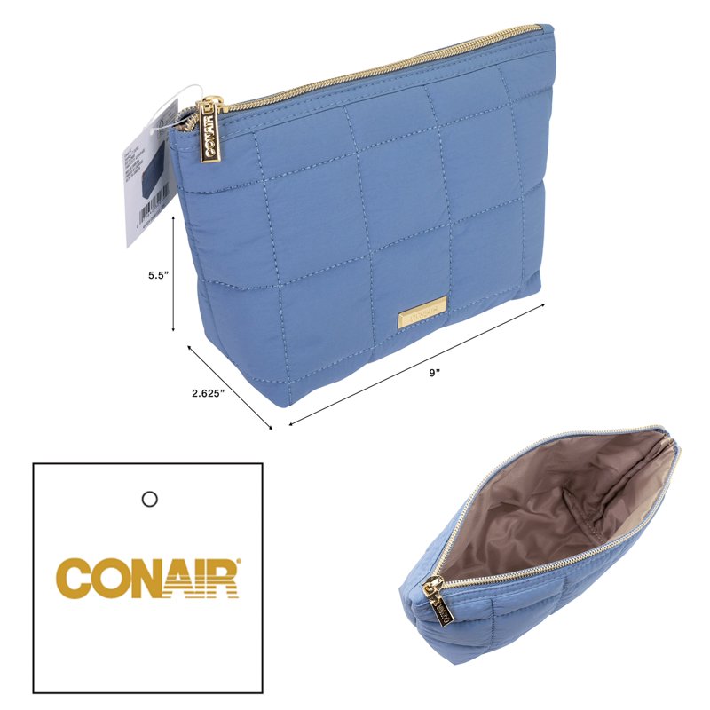 Blue Quilted Makeup Clutch, Soft Polyester Cosmetic Pouch with Gold Zipper