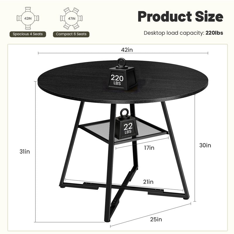 42-Inch Round Dining Table for 4-6 - Farmhouse Style, Black