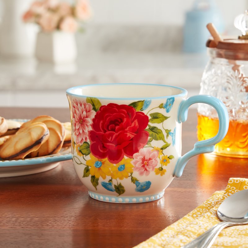 14.5-Ounce Sweet Rose Ceramic Mug - Light Blue, 2 Pack